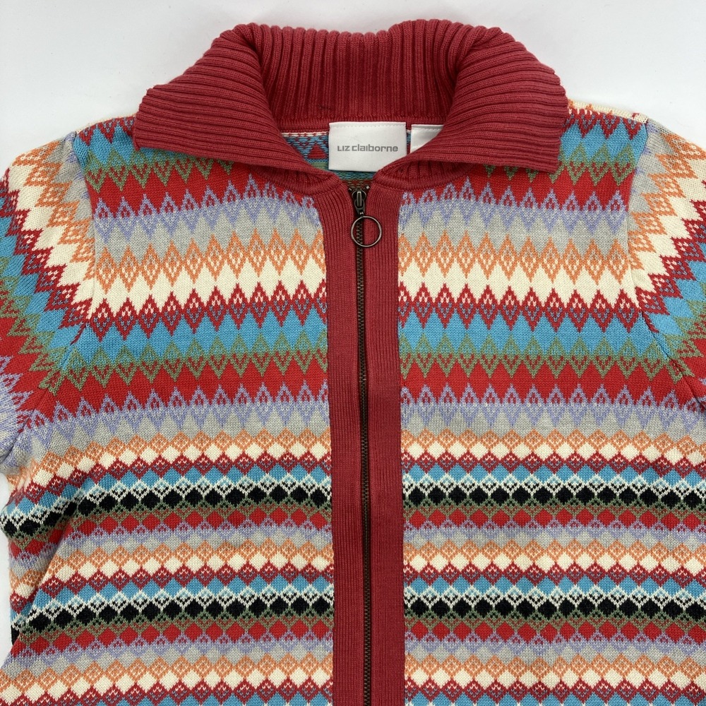 Liz Clairborne Diamond Pattern Multicolor Knit Zip Up Sweater 90's Vintage Med